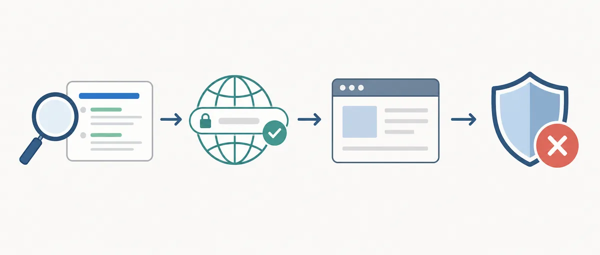 Fluxo editorial para verificar resultado, domínio, navegador e download inesperado