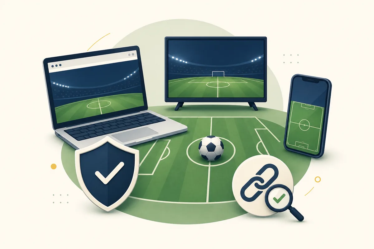 Ilustração editorial de dispositivos e um escudo durante a verificação de um link de futebol