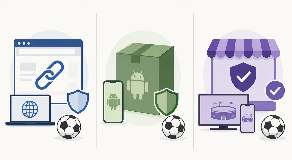 Comparação editorial entre um link web, um pacote APK e um serviço esportivo autorizado