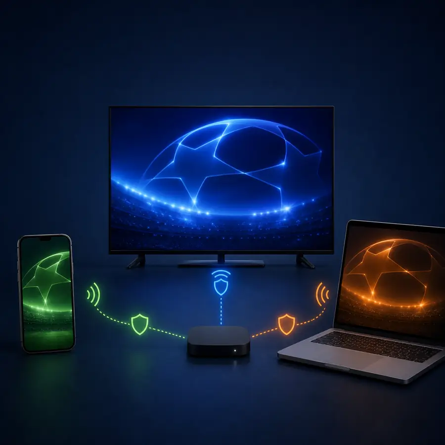 Illustrazione editoriale di telefono Android, TV Box e portatile come percorsi diversi per seguire il calcio