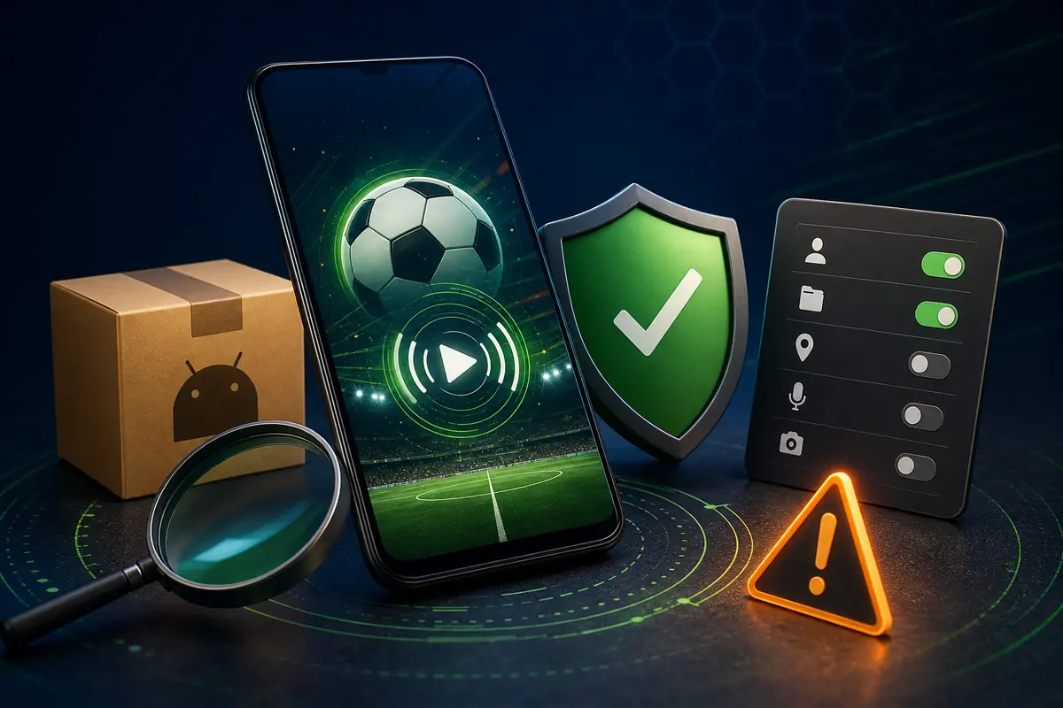 Illustrazione editoriale sul controllo di un APK di calcio in diretta prima dell'installazione