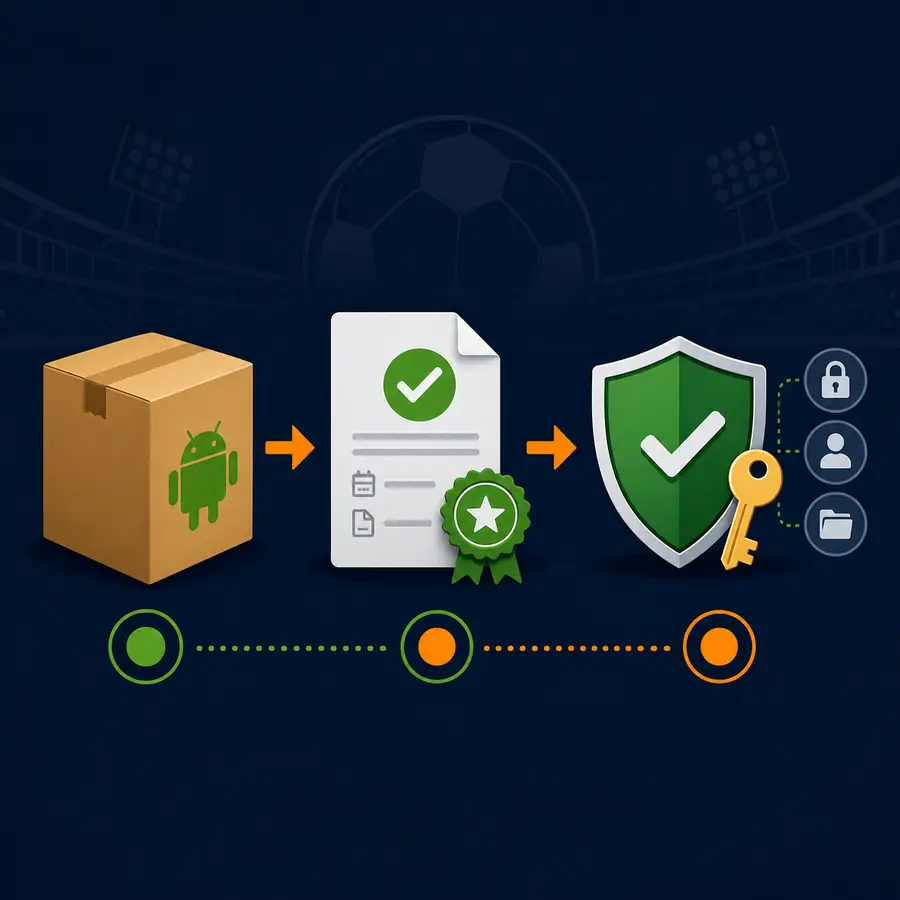 Illustrazione editoriale di un pacchetto Android verificato con fonte e autorizzazioni