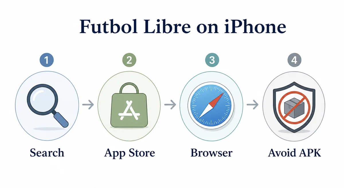 Redaktionelle Grafik, die iPhone, Web und Android APK fuer Futbol Libre trennt