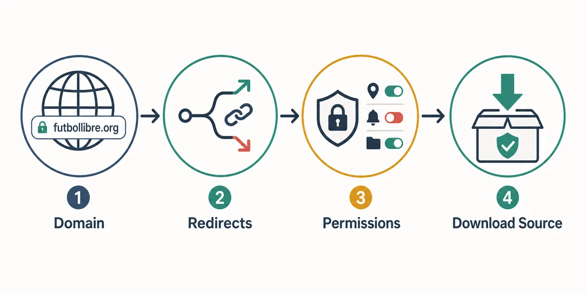 Editorial diagram for checking domain, redirects, permissions and source before opening futbol libre.org