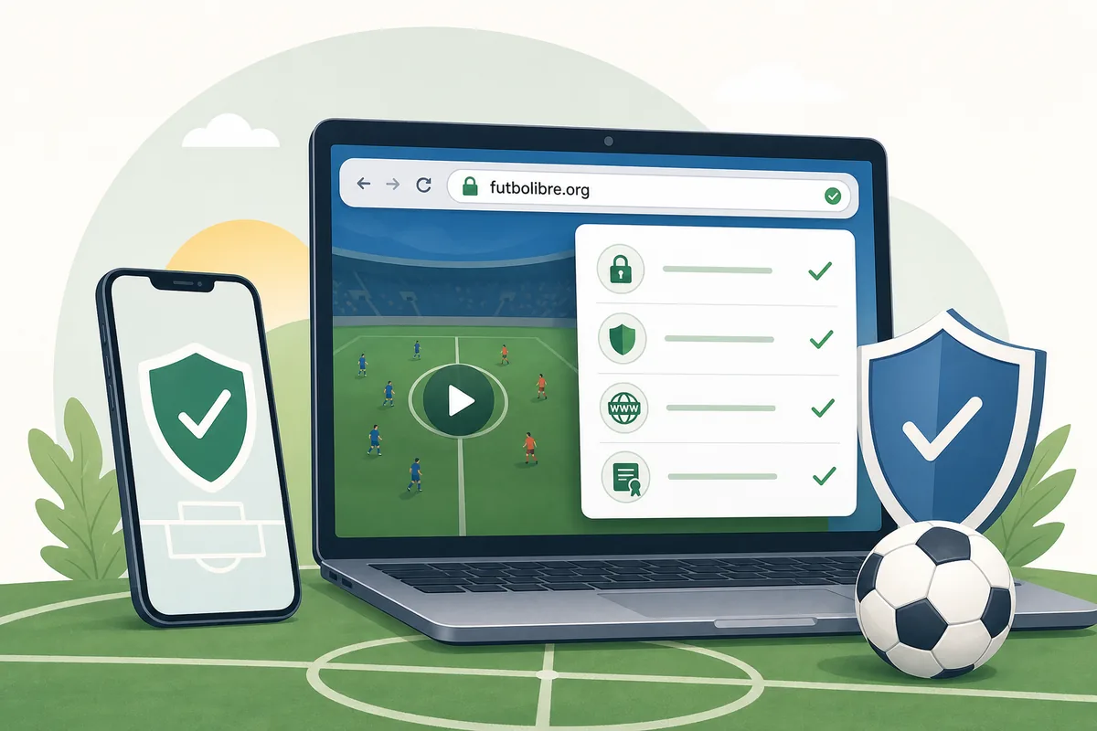 Editorial illustration of a browser checking futbol libre.org with safety controls