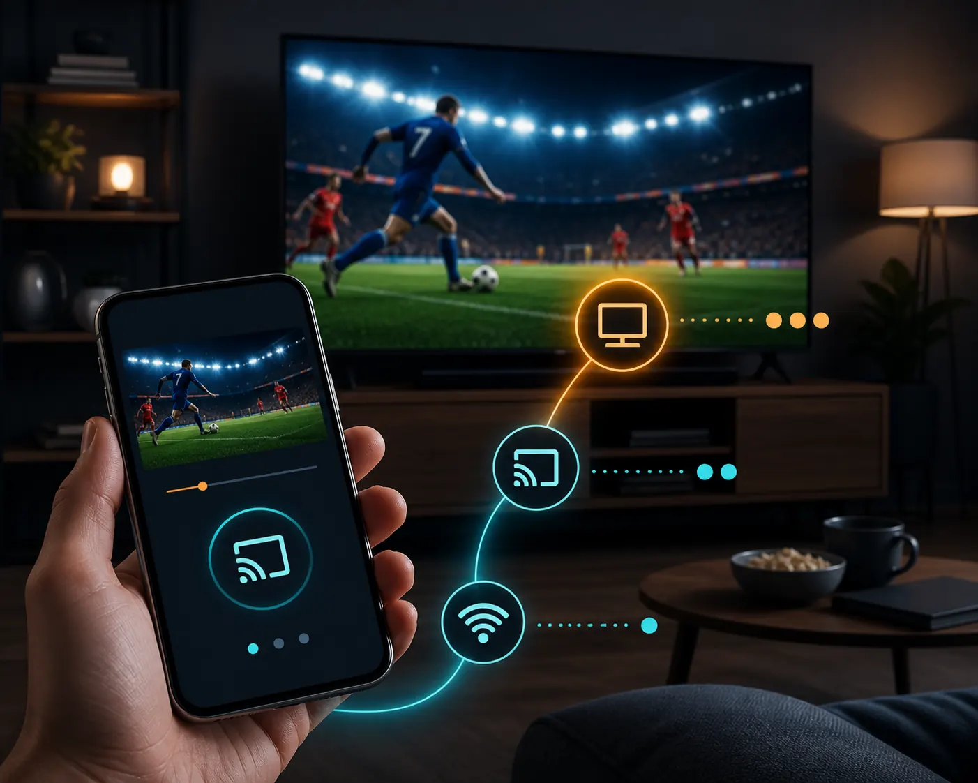 Wi-Fi経由でスマートフォンからテレビへキャストする流れ