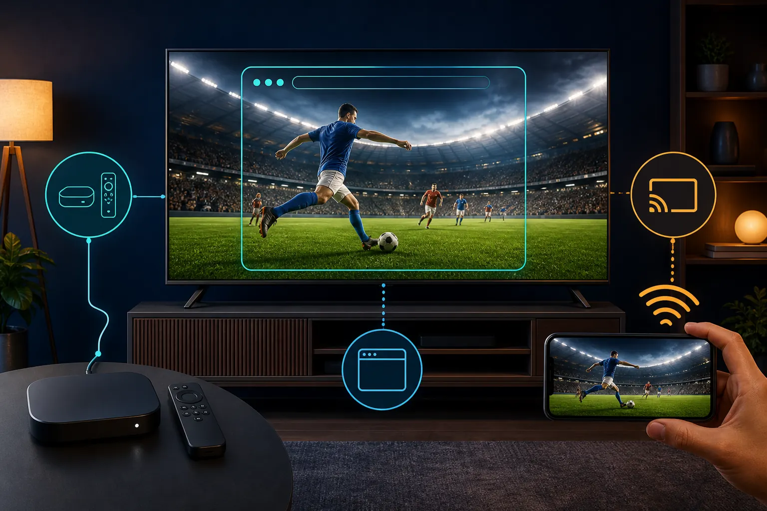 ブラウザー、Android TV機器、スマートフォンのキャストを示すSmart TVのイラスト