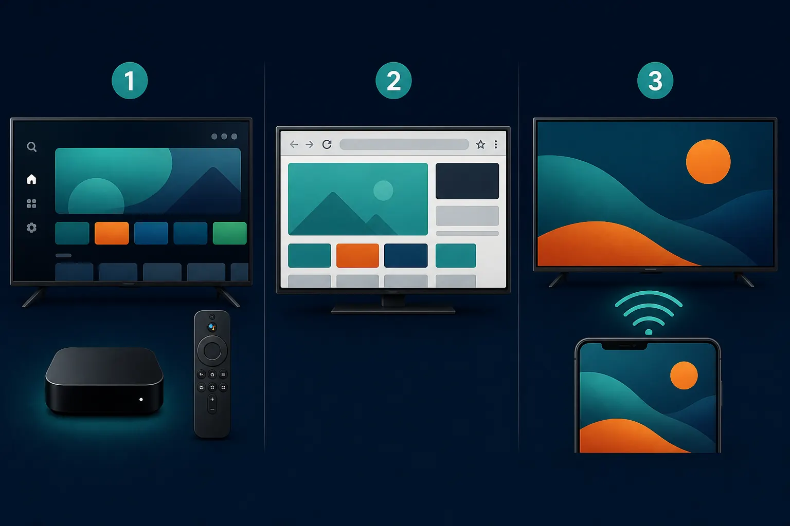 Android TV機器、テレビのブラウザー、スマートフォンのキャストを比較する図